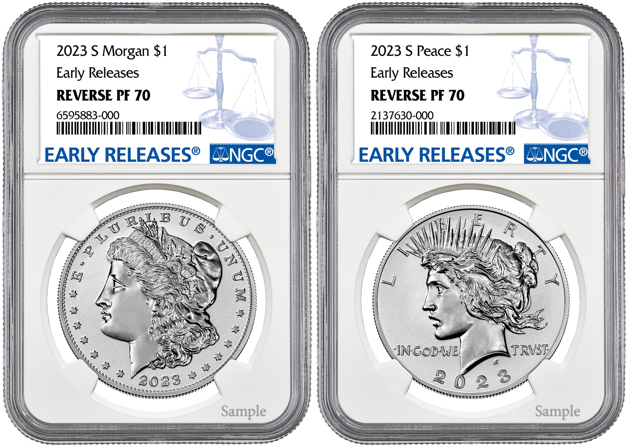 2023-S (PF70) Two Coin Set Reverse Proof $1 Morgan & Peace Silver Dollar ER NGC