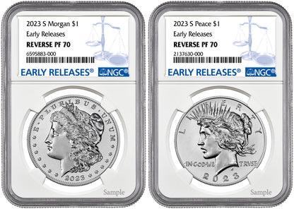 2023-S (PF70) Two Coin Set Reverse Proof $1 Morgan & Peace Silver Dollar ER NGC