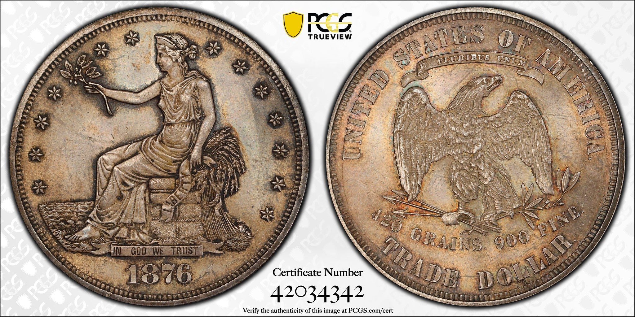 1876 (MS62 CAC) $1 Trade Silver Dollar (obv 1, rev 2) PCGS