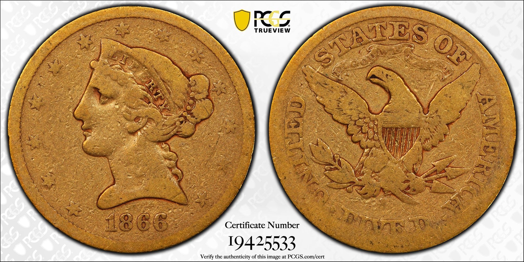 1866-S (VG10) $5 Liberty Head (Motto) Gold Half Eagle PCGS