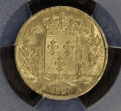 1820-A (MS62) France Gold 20 Franc Gad-1028 PCGS - Louis XVIII