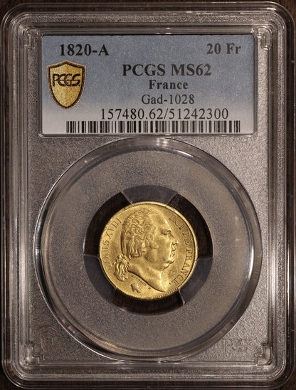1820-A (MS62) France Gold 20 Franc Gad-1028 PCGS - Louis XVIII