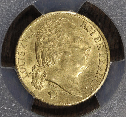 1820-A (MS62) France Gold 20 Franc Gad-1028 PCGS - Louis XVIII
