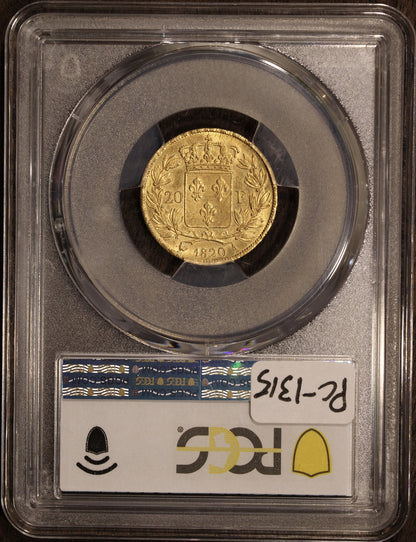 1820-A (MS62) France Gold 20 Franc Gad-1028 PCGS - Louis XVIII