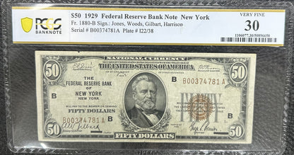 1929 (VF30) $50 Fr. 1880-B Federal Reserve Bank Note New York PCGS