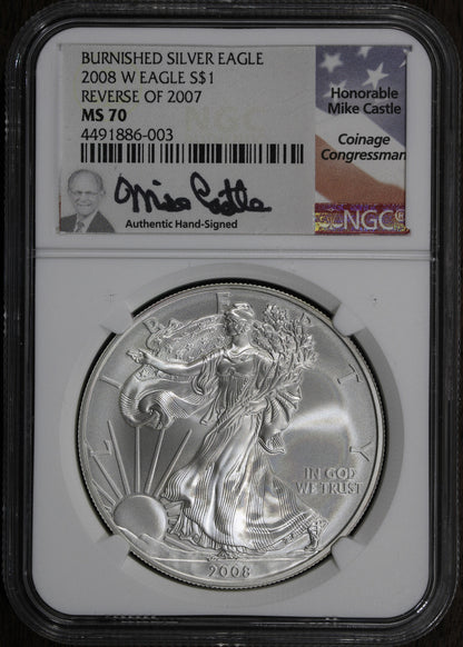 2008-W rev '07 (MS70) Burnished American Silver Eagle $1 ASE NGC - 2007 Reverse!